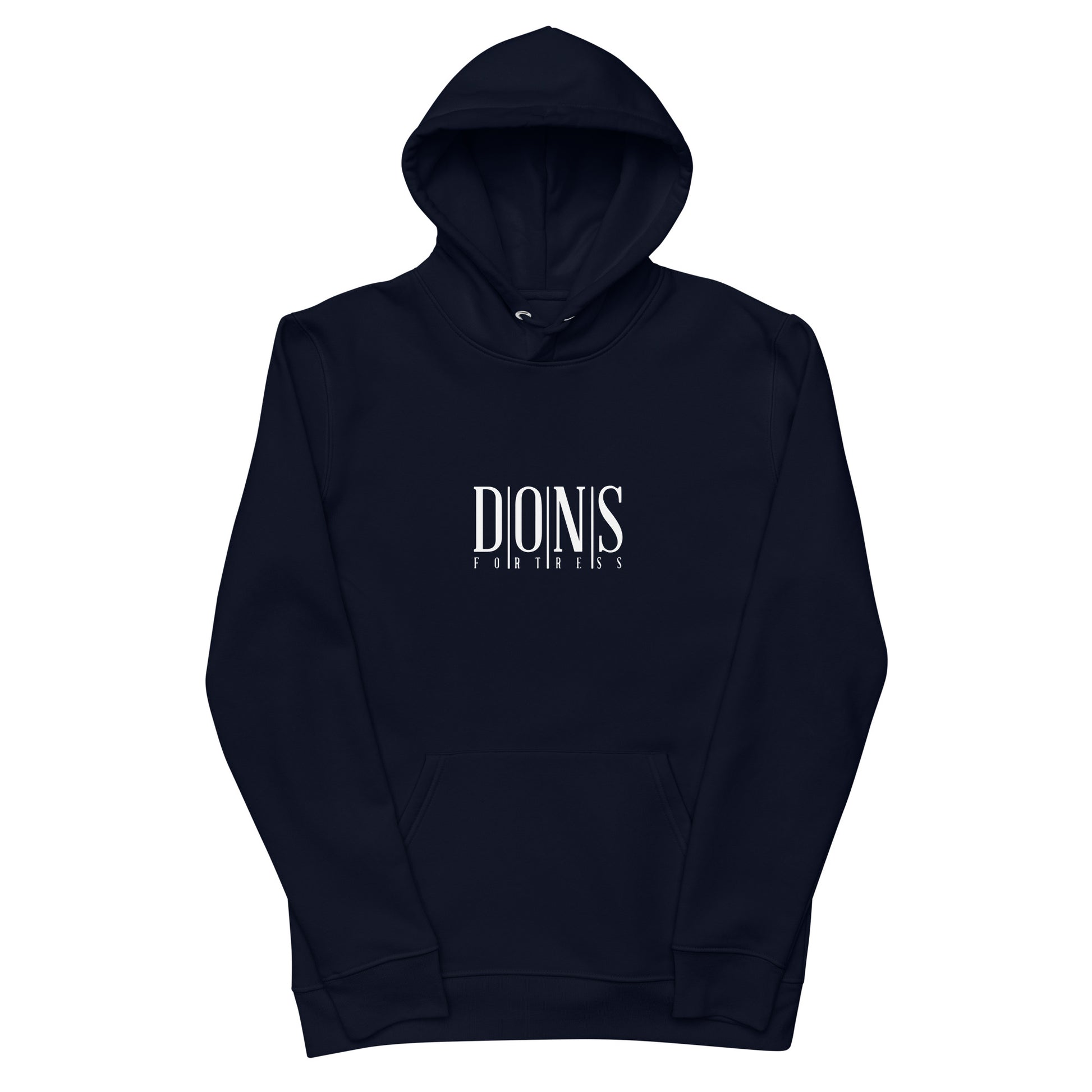 DONSFORTRESS Principle Eco-Friendly, Sustainable Hoodie Flat in French Navy with chest print logo.