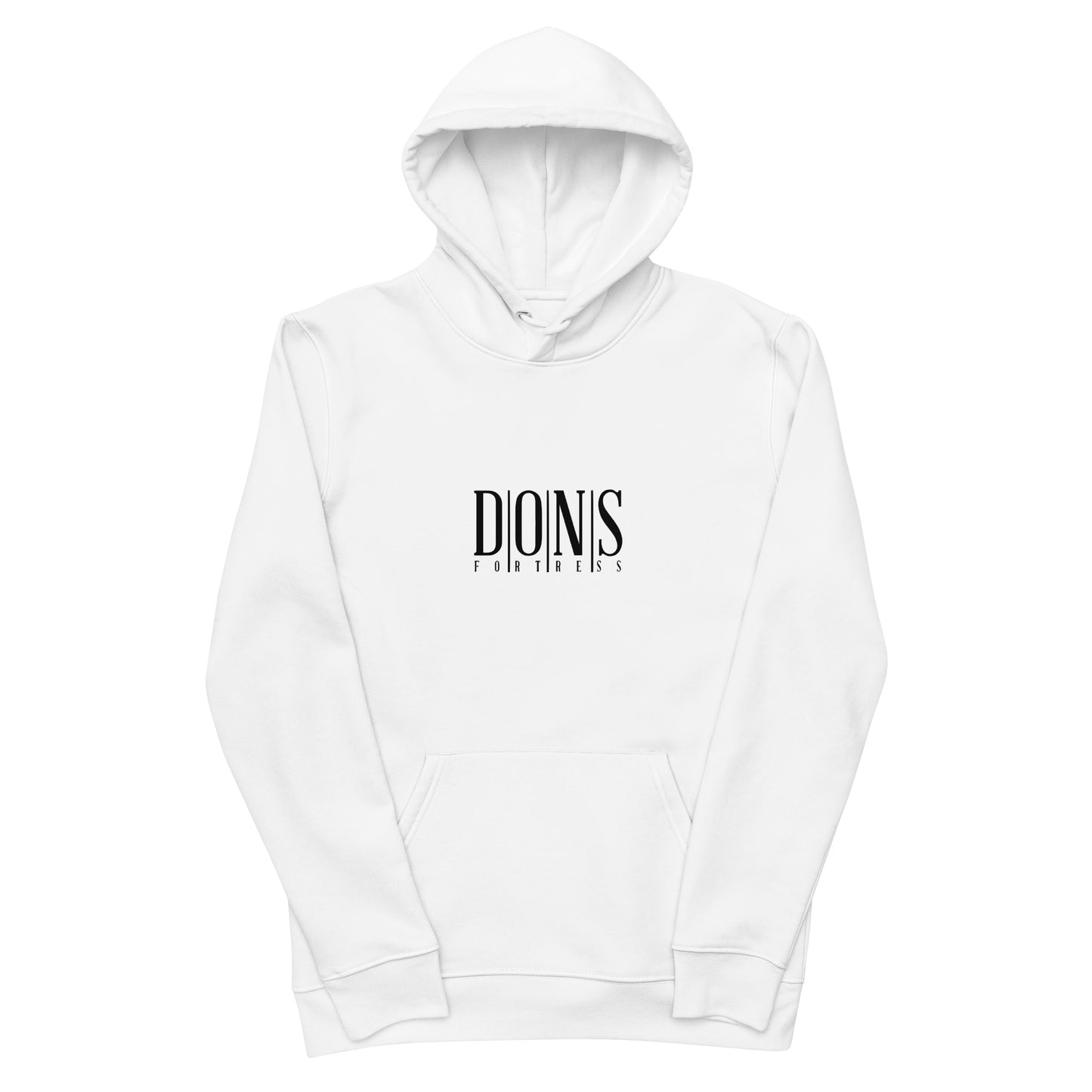 DONSFORTRESS Principle Eco-Friendly, Sustainable Hoodie Flat in White with chest print logo.