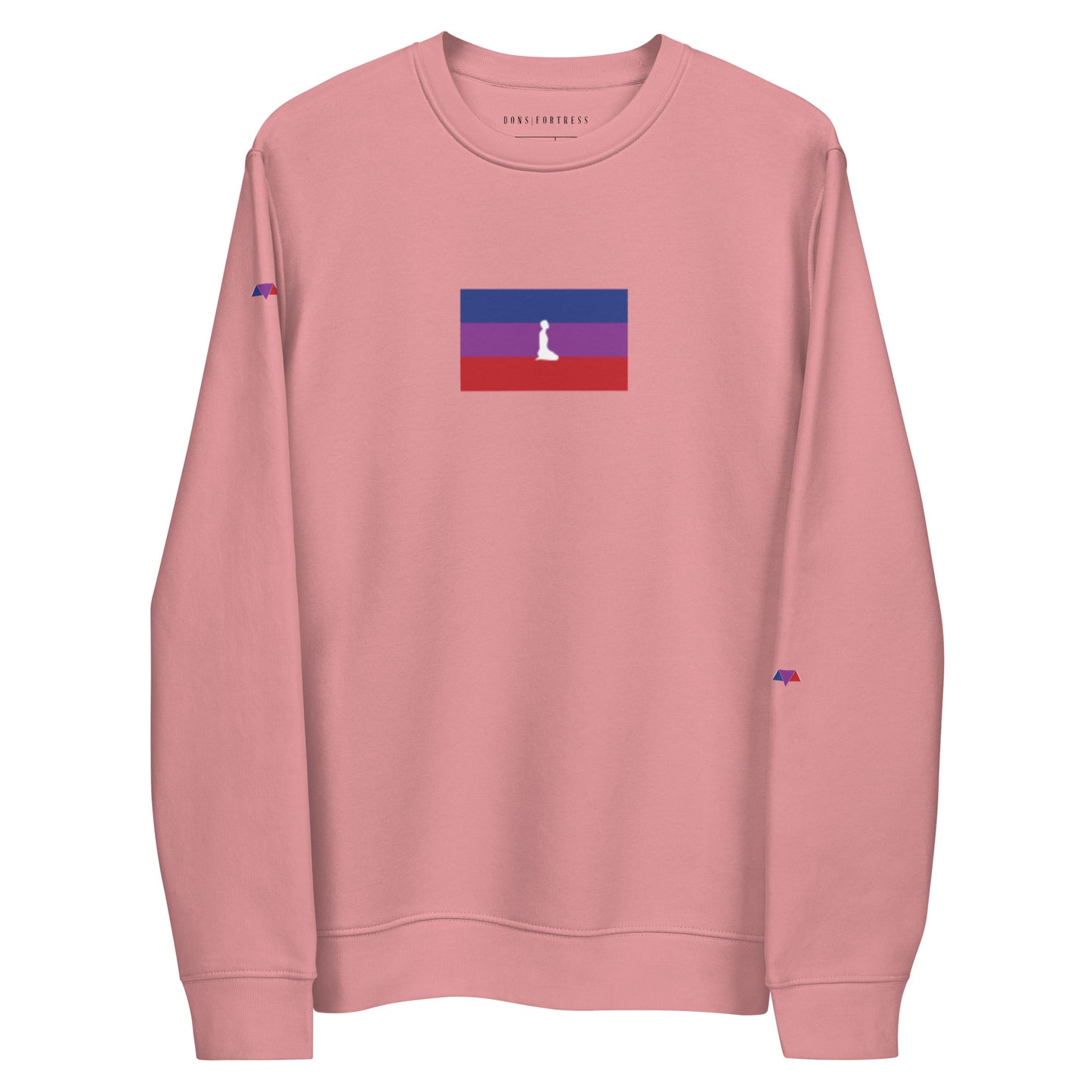 DONS|FORTRESS Sidon Eco-Friendly, Sustainable Pullover in Canyon Pink with chest and sleeve printed logos.