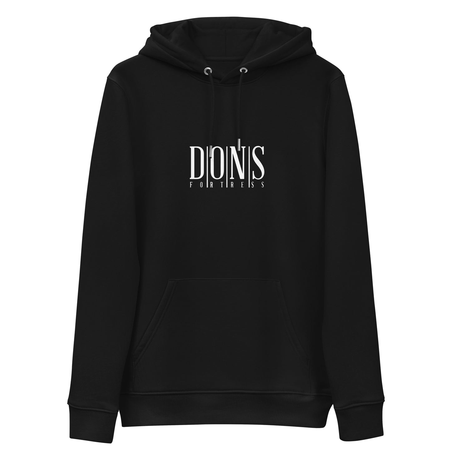 DONSFORTRESS Principle Eco-Friendly, Sustainable Hoodie Flat in Black with chest print logo.